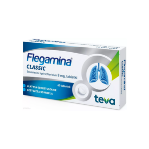 The image shows a box of "Flegamina Classic" tablets, containing 8 mg of bromhexine hydrochloride per tablet. The box is primarily blue and white, with green accents, and features an illustration of human lungs. It indicates that the product helps with expectoration and cleanses the bronchi. The package contains 40 tablets and is manufactured by Teva. The text on the box is in Polish.