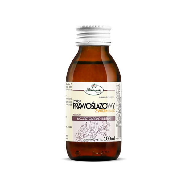 Bottle of Herbal Prawoslazowy Syrup with Vitamin C, 100ml. The label indicates it is a dietary supplement that soothes the throat and larynx.