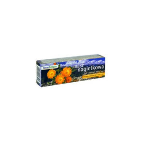 Packaging of Maść Nagietkowa Farminatura displaying vibrant calendula flowers against a landscape background. The box highlights the natural healing benefits of the calendula ointment.