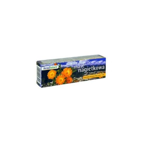 Packaging of Maść Nagietkowa Farminatura displaying vibrant calendula flowers against a landscape background. The box highlights the natural healing benefits of the calendula ointment.