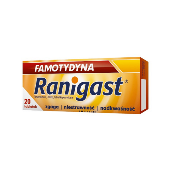 Box of Ranigast tablets containing 20 tablets of 20 mg famotidine each. The packaging is in Polish, indicating the medication is used for heartburn, indigestion, and hyperacidity. The top of the box prominently displays the name "Famotydyna" followed by "Ranigast" in bold letters.