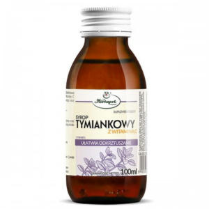 Bottle of Herbal Tymianek Syrup with Vitamin C, 100ml. The label indicates it is a dietary supplement that aids expectoration.