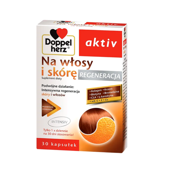 The image displays a box of Doppelherz aktiv supplement, marketed for hair and skin health. The packaging highlights features such as "Intense regeneration of skin and hair" and lists key ingredients like collagen, silicon, biotin, bromelain, CLA, L-carnitine, and vitamins C, E, and Cu. The box also indicates that the supplement contains 30 capsules, with a recommended intake of one capsule per day for 30 days. The design prominently includes the Doppelherz logo with the tagline "aktiv" and the words "Na włosy i skórę," which translates to "For hair and skin" in Polish. 2/2