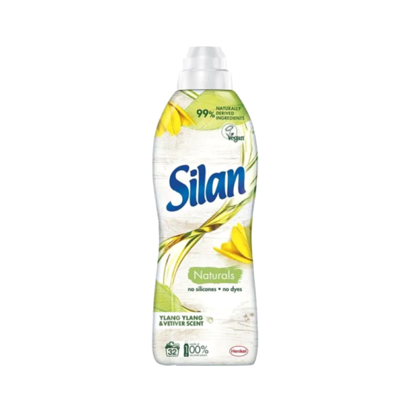 A bottle of Silan Naturals fabric softener featuring Ylang Ylang and Vetiver scents, promoting softness with 99% naturally derived ingredients and eco-friendly packaging.