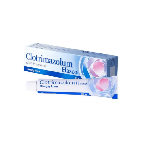 Product packaging for Clotrimazolum Hasco cream. The box is blue and white with the product name 'Clotrimazolum Hasco' prominently displayed. It also lists the concentration '10 mg/g, krem' and the package size of '20 g'. Next to the box is a tube of the cream with the same labeling.