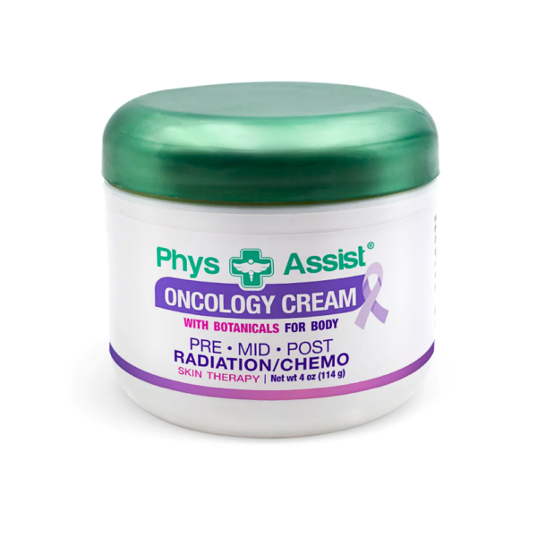 Jar of Phys Assist Oncology Cream for pre, mid, and post radiation or chemo treatment skin therapy, 4 oz size