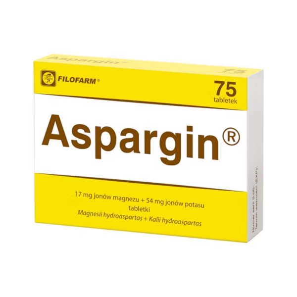 "Aspargin supplement box from Filofarm containing magnesium and potassium aspartate tablets for mineral replenishment.