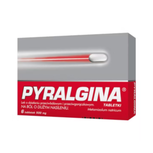 Box of Pyralgina, containing 6 tablets of 500 mg Metamizolum natricum, used as a pain reliever and fever reducer for severe pain.