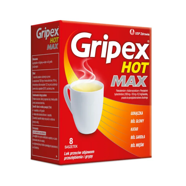 The image shows a red and yellow box of Gripex Hot Max, a medication designed to relieve symptoms of colds and flu. The box features a white steaming mug, indicating the product is to be mixed with hot water. Key ingredients listed include paracetamol, acetic ascorbate, and phenylephrine hydrochloride. The box highlights that it helps with fever, headaches, runny nose, sore throat, and muscle aches. The package contains 8 sachets and is produced by USP Zdrowie.