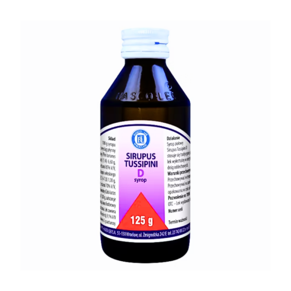 A bottle of Sirupus Tussipini D syrup, 125g, with a white cap and a label featuring a purple and white design. The label includes detailed information about the product, indicating it is a medicinal syrup used for treating respiratory tract conditions. The bottle is designed for therapeutic use and contains specific instructions and ingredients on the label.