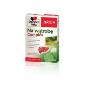 Product packaging for Doppelherz Aktiv Na wątrobę Complex, a dietary supplement targeting liver health. The box displays the Doppelherz logo, with a predominantly white background and green and red accents. It features an image of a healthy liver and a milk thistle plant, emphasizing its herbal ingredients. The text on the box highlights the product's benefits such as supporting liver regeneration, enhancing detoxification, and improving digestion. It also notes a substantial dose of 250 mg of milk thistle extract. The package states '30 capsules' with the recommendation of 'only 1 capsule daily for 30 days'.