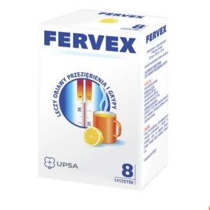 Box of Fervex cold and flu remedy with 8 sachets, featuring a thermometer and a steaming cup with a lemon slice, indicating its use for treating cold and flu symptoms.