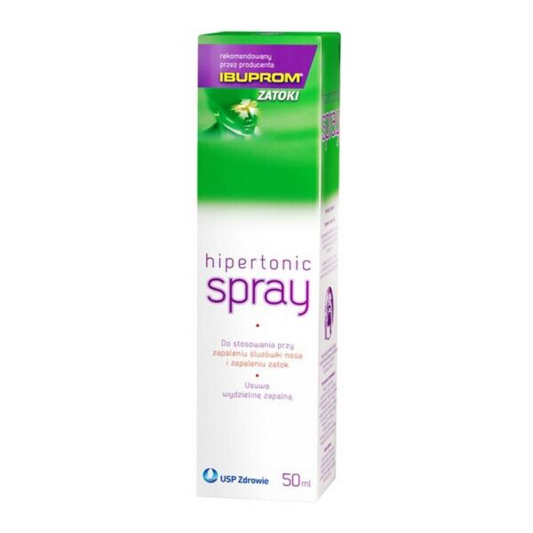 The image shows a box of Ibuprom Zatoki Hipertonic Spray, a nasal spray recommended by the producer of Ibuprom. The packaging features a green and white color scheme with purple text. The top of the box has a purple label stating "recommended by the producer of Ibuprom" along with the Ibuprom logo. Below this, there is an image of a human face highlighting the sinus area, indicating the product's use for sinus issues. The main text on the box reads "hipertonic spray" in large purple letters. Further down, in smaller text, it states that the spray is for use in the treatment of nasal mucosa inflammation and sinusitis, and it helps to remove inflammatory secretions. The text on the box is in Polish.