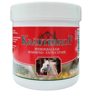 A white plastic jar with a red label featuring the brand "Kräuterhof" written in large green letters. Below the brand name, there are German words "Pferdebalsam Wärmend · Extra Stark," indicating it is a warming, extra-strong horse balm. The label includes an image of a white horse at the center, and additional text is displayed around the jar. The overall design suggests a traditional and herbal remedy product.