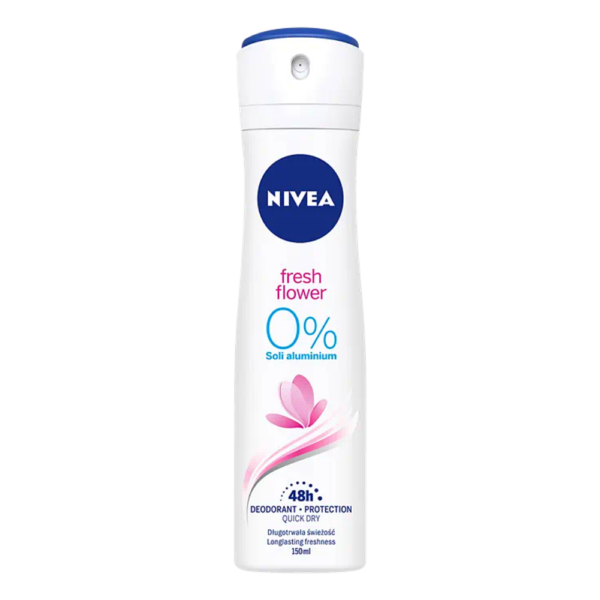 Bottle of NIVEA Fresh Flower deodorant in a white spray bottle with a pink flower design. The label highlights 0% aluminum content, 48-hour protection, and quick-dry features.