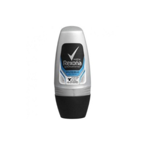 The image shows a silver plastic bottle with a black cap. The product is a roll-on deodorant by Rexona Men, named "Invisible Ice Fresh." The label features a black and blue design with the text "Rexona Men + MotionSense," "Invisible Ice Fresh," and "48h Anti-Perspirant." The bottom part of the label includes icons indicating protection against white marks and yellow stains.