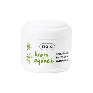 Container of Ziaja Cucumber Cream for combination to normal skin, featuring a simple white design with a green cucumber flower illustration.