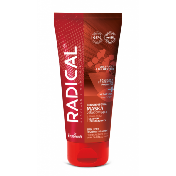 An image of the Radical brand's emollient hair mask by Farmona. The product is in a red and brown tube with a red flip-top cap. The front of the tube features the brand name "Radical" in bold white letters running vertically along the left side. The top part of the packaging highlights that the mask contains marshmallow extract and micro wheat proteins. The bottom part of the tube states that it is an emollient mask designed to nourish and regenerate very damaged hair. The product information is provided in both Polish and English.