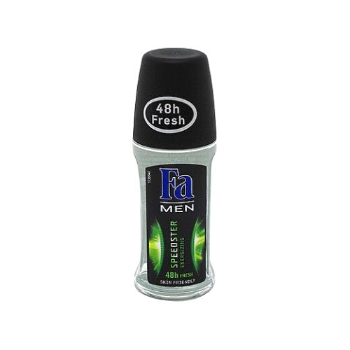 The image shows a clear glass bottle with a black cap labeled "48h Fresh" at the top. The product is a roll-on deodorant by Fa Men, named "Speedster Energizing." The label features a green and black design with the text "48h Fresh" and "Skin Friendly" at the bottom.