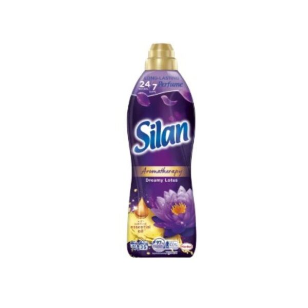 A bottle of Silan Aromatherapy Dreamy Lotus fabric softener featuring a lotus flower design, offering long-lasting fragrance and fabric softness for up to 7 days.