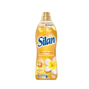 A bottle of Silan Aromatherapy Fascinating Frangipani fabric softener with a yellow design featuring frangipani flowers, offering long-lasting fragrance and softness.