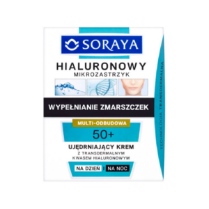 Packaging of Soraya Hyaluronic Microinjection anti-wrinkle cream for ages 50 and above, featuring multi-rebuild technology and transdermal hyaluronic acid for day and night use.