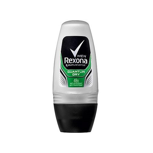 The image shows a silver plastic bottle with a black cap. The product is a roll-on deodorant by Rexona Men, named "Quantum Dry." The label features a black and green design with the text "Rexona Men + MotionSense," "Quantum Dry," and "48H Anti-Perspirant." The deodorant provides long-lasting protection against sweat and odor with a focus on staying dry for up to 48 hours.