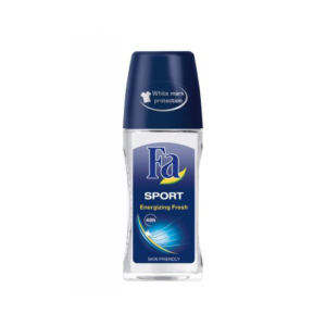 The image shows a clear glass bottle with a dark blue cap labeled "White mark protection" on an oval at the top. The product is a roll-on deodorant by Fa Men, named "Sport Energizing Fresh." The label features a blue background with the text "48h" and "Skin Friendly" at the bottom, emphasizing long-lasting freshness and skin compatibility.