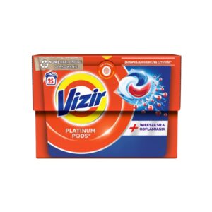 Box of Vizir Platinum Pods with 25 pods, featuring a red and yellow design. The packaging highlights a new carton box for reduced plastic, hygienic cleanliness, and enhanced stain removal power.