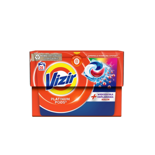 Box of Vizir Platinum Pods Color with 25 pods, featuring a red and yellow design. The packaging highlights a new carton box for reduced plastic, hygienic cleanliness, and enhanced stain removal power for colored fabrics.