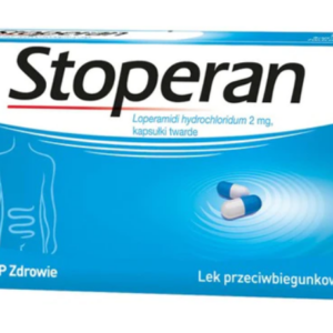 Box of Stoperan Loperamide Hydrochloride 2 mg hard capsules, designed to control and relieve symptoms of acute and chronic diarrhea. The packaging shows two capsules, emphasizing the product's effectiveness in treating intestinal conditions.