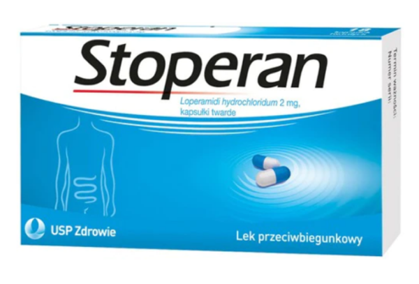 Box of Stoperan Loperamide Hydrochloride 2 mg hard capsules, designed to control and relieve symptoms of acute and chronic diarrhea. The packaging shows two capsules, emphasizing the product's effectiveness in treating intestinal conditions.