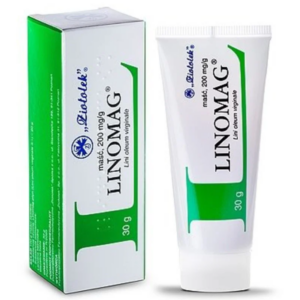 Image of a Linomag ointment tube and its packaging box. The packaging is green and white with the Linomag logo in green and the product name 'Linomag' prominently displayed. The tube matches the box in color and design, stating it contains 'ointment 200 mg/g' and has a net weight of 30g.