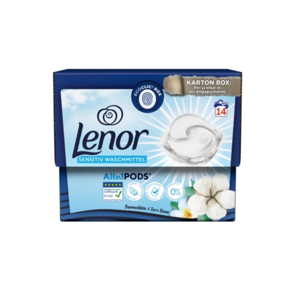 Image of a package of Lenor Sensitiv Waschmittel All-in-1 Pods in a cotton flower and tiara-blossom scent. The package is blue and white with an image of a laundry pod. It features the EcoClig Box symbol and states 'KARTON BOX: Recyclebar in der Altpapiertonne' (Cardboard box: recyclable in the waste paper bin). The package contains 14 pods and highlights several benefits: gentle on sensitive skin, dermatologically tested, allergen-free fragrance, and 0% colorants.