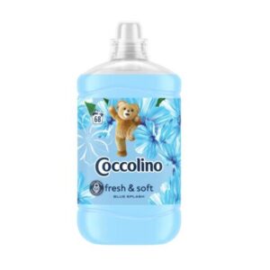 bottle of Coccolino Fresh & Soft Blue Splash Fabric Softener with blue floral graphics and a teddy bear logo