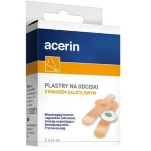 Acerin salicylic acid plaster packaging, highlighting its benefits for treating corns and calluses.