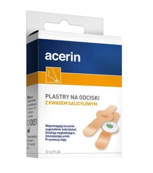 Acerin salicylic acid plaster packaging, highlighting its benefits for treating corns and calluses.