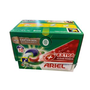 Eco-friendly carton box of Ariel Pods+ Extra Clean Power with 10 water-soluble pods, designed for extra stain removal and hygiene, featuring a colorful pod graphic on the front.