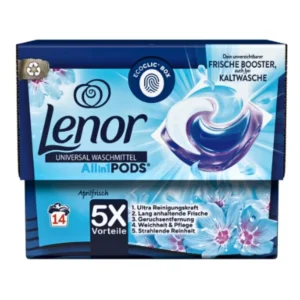 Image of a package of Lenor Universal Waschmittel All-in-1 Pods in the Aprilsfrisch scent. The package is blue with a large image of a laundry pod. The package highlights five benefits in German: Ultra Reinigungskraft (Ultra cleaning power), Lang anhaltende Frische (Long-lasting freshness), Geruchsenterfernung (Odor removal), Weichheit & Pflege (Softness & care), and Strahlende Reinheit (Radiant cleanliness). The package contains 14 pods and features an EcoClig Box symbol.