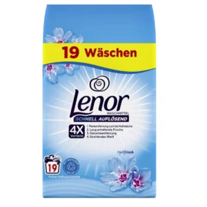 Image of a package of Lenor Waschmittel Schnell Auflösend (Quick Dissolving) powder detergent in the Aprilsfrisch scent. The package is blue with purple flowers and a yellow band at the top stating '19 Wäschen' (19 washes). It highlights four benefits in German with English translations: 'Fleckentfernung auch bei Kaltwäsche' (Stain removal even in cold wash), 'Lang anhaltende Frische' (Long-lasting freshness), 'Geruchsenterfernung' (Odor removal), and 'Strahlendes Weiß' (Radiant whiteness). The package contains 19 washes and features symbols for quick dissolving and eco-friendly packaging.