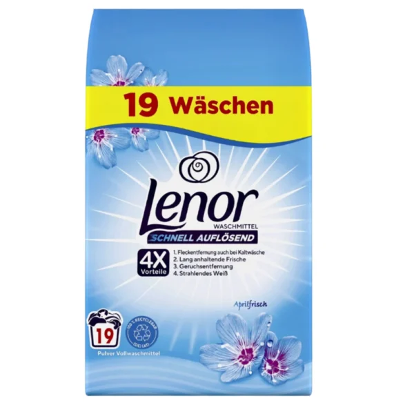 Image of a package of Lenor Waschmittel Schnell Auflösend (Quick Dissolving) powder detergent in the Aprilsfrisch scent. The package is blue with purple flowers and a yellow band at the top stating '19 Wäschen' (19 washes). It highlights four benefits in German with English translations: 'Fleckentfernung auch bei Kaltwäsche' (Stain removal even in cold wash), 'Lang anhaltende Frische' (Long-lasting freshness), 'Geruchsenterfernung' (Odor removal), and 'Strahlendes Weiß' (Radiant whiteness). The package contains 19 washes and features symbols for quick dissolving and eco-friendly packaging.