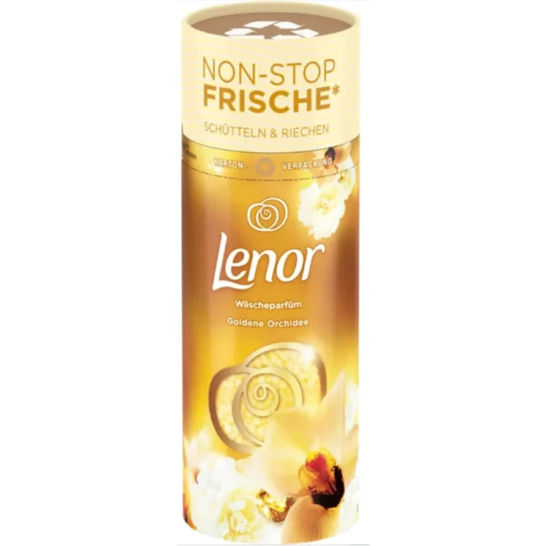 The image shows a golden-yellow cylindrical bottle of Lenor laundry perfume, with the fragrance "Goldene Orchidee" (Golden Orchid). The label at the top of the bottle reads "NON-STOP FRISCHE*" (Non-Stop Freshness) followed by "SCHÜTTELN & RIECHEN" (Shake & Smell). The Lenor logo is prominently displayed in white text, along with an image of white orchid flowers, which complement the product’s scent. The background features a gradient of golden hues, giving a sense of luxury and freshness.