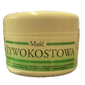 A container of Farm-Vix Maść Żywokostowa, a comfrey ointment in a cream-colored container with a green label, used for therapeutic massage and skin care.