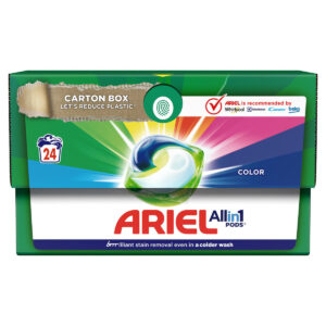 Box of Ariel All-in-1 Pods Color with 24 pods, featuring a green and white design. The packaging highlights a carton box to reduce plastic, Ariel's recommendation by Whirlpool, Electrolux, and Candy, and "brilliant stain removal even in a colder wash."