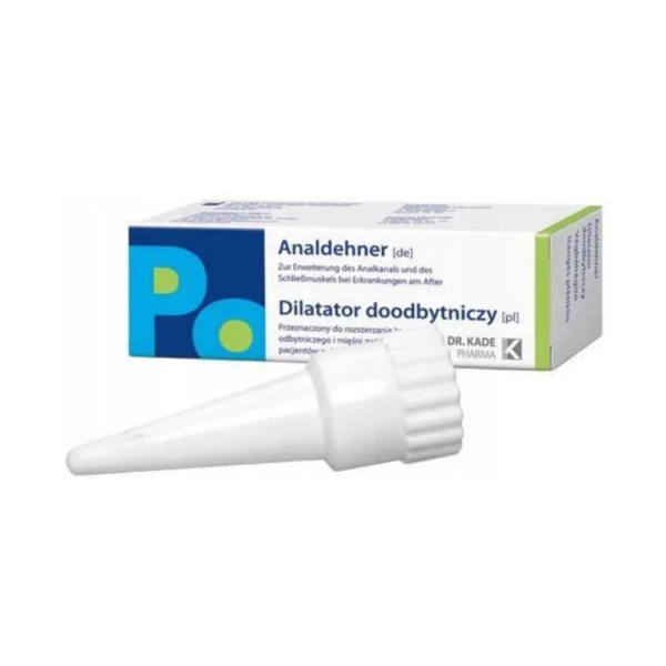 Box and applicator of Analdehner Dilatator, a medical device for expanding the anal canal and sphincter muscles, used for conditions like anal stenosis and hemorrhoid-related spasms.