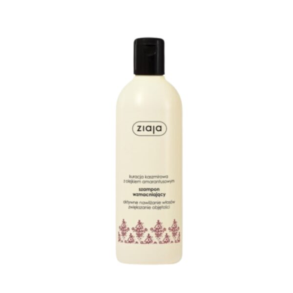 Bottle of Ziaja Strengthening Shampoo with Cashmere and Amaranth Oil.