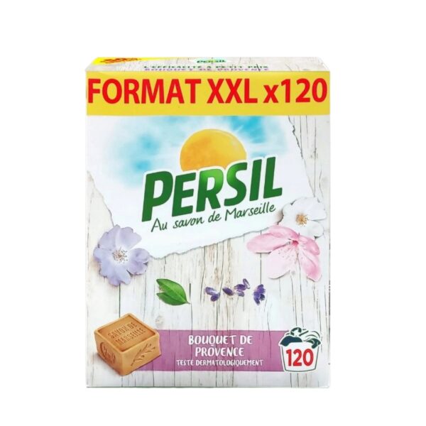 The image shows a box of Persil Au Savon de Marseille laundry detergent in an XXL format, sufficient for 120 washes. The packaging features a sunny sky, flowers, and a bar of Marseille soap, highlighting its Bouquet de Provence fragrance.