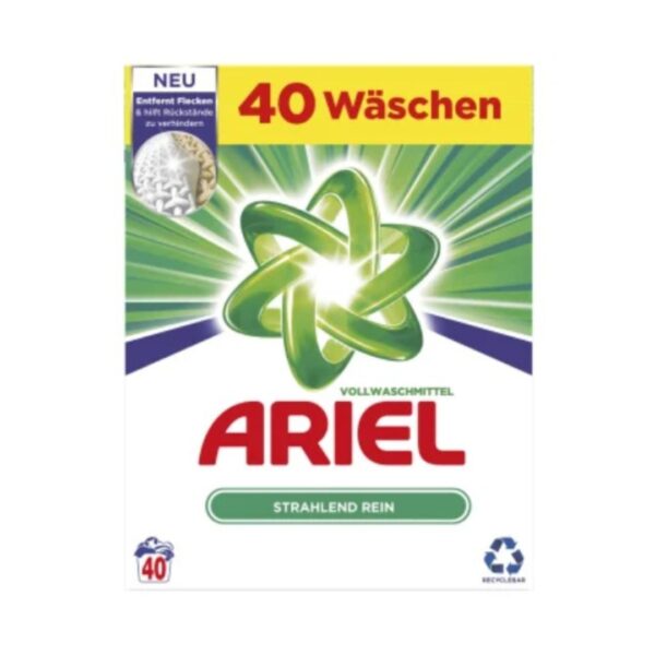 The image shows a box of Ariel Vollwaschmittel laundry detergent, designed for 40 washes. The packaging features a green and white background with the Ariel logo prominently displayed, highlighting its advanced stain-fighting formula and radiantly clean results.