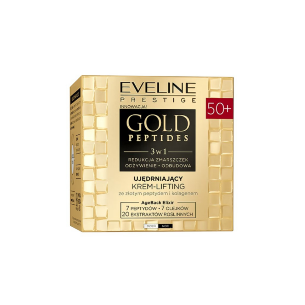 "Eveline Prestige Gold Peptides 50+ 3in1 Firming Lifting Cream face cream and packaging, designed for mature skin.