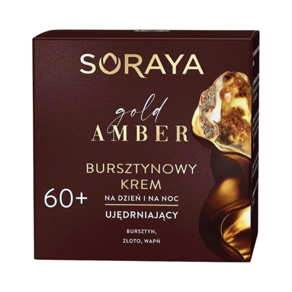 A 50ml jar of Soraya Gold Amber Firming Cream 60+, featuring a luxurious design that reflects its premium ingredients, ideal for mature skin care.